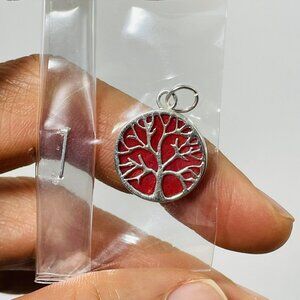Silver 925 Tree Of Life Red Coral Pendant Shell Round Texture Craft Hippie Artsy